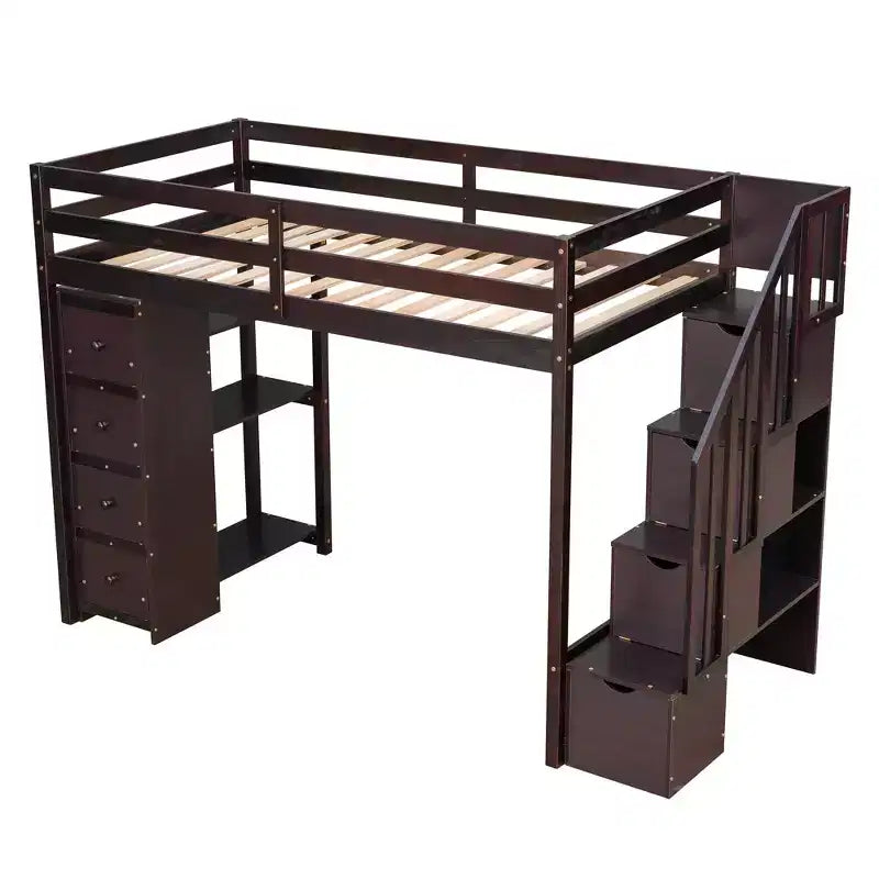 Twin Size Loft Bed with Storage Drawers and Stairs, Wooden High Loft Bed with Shelves for Kids Teens Boys Girls