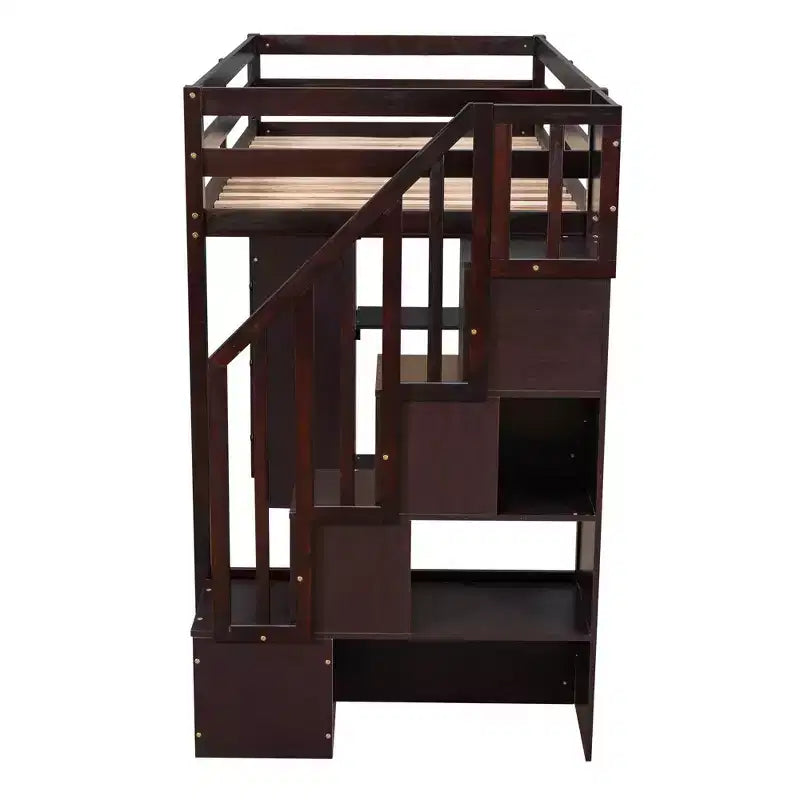 Twin Size Loft Bed with Storage Drawers and Stairs, Wooden High Loft Bed with Shelves for Kids Teens Boys Girls