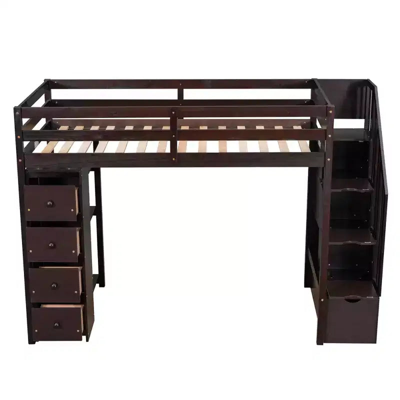 Twin Size Loft Bed with Storage Drawers and Stairs, Wooden High Loft Bed with Shelves for Kids Teens Boys Girls