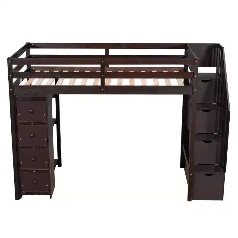 Twin Size Loft Bed with Storage Drawers and Stairs, Wooden High Loft Bed with Shelves for Kids Teens Boys Girls