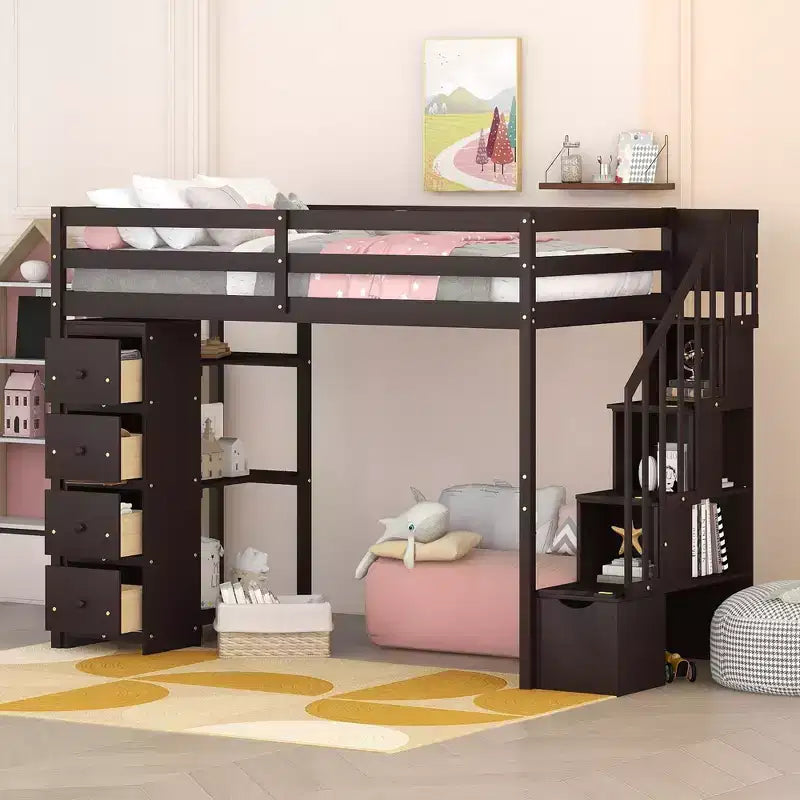Twin Size Loft Bed with Storage Drawers and Stairs, Wooden High Loft Bed with Shelves for Kids Teens Boys Girls