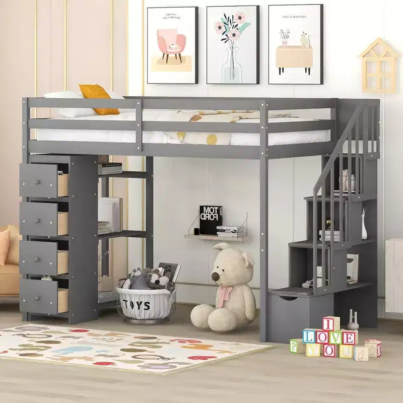 Twin Size Loft Bed with Storage Drawers and Stairs, Wooden High Loft Bed with Shelves for Kids Teens Boys Girls