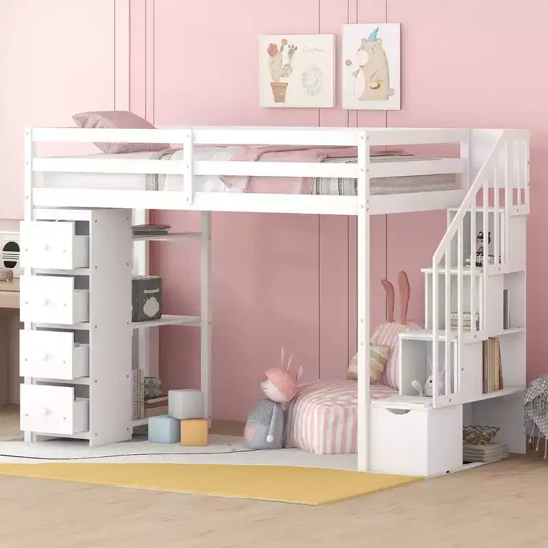 Twin Size Loft Bed with Storage Drawers and Stairs, Wooden High Loft Bed with Shelves for Kids Teens Boys Girls