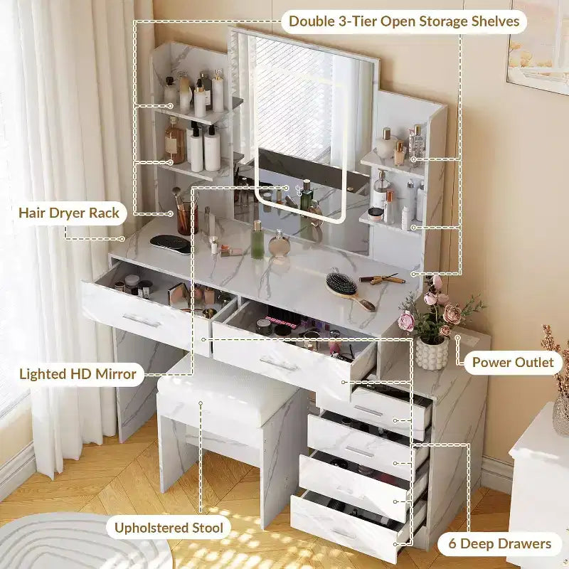Makeup Vanity Desk with Lighted Mirror, Charging Station, Padded Stool, Hair Dryer Rack, 3 Lighting Modes Adjustable Dressing Table for Bedroom