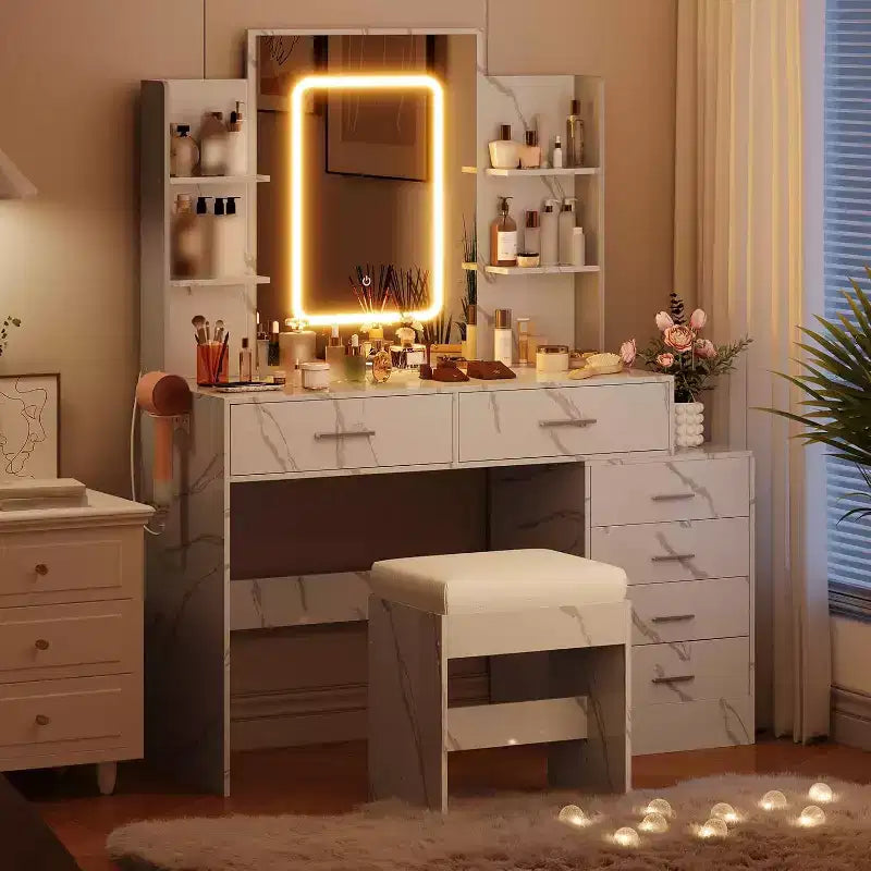 Makeup Vanity Desk with Lighted Mirror, Charging Station, Padded Stool, Hair Dryer Rack, 3 Lighting Modes Adjustable Dressing Table for Bedroom