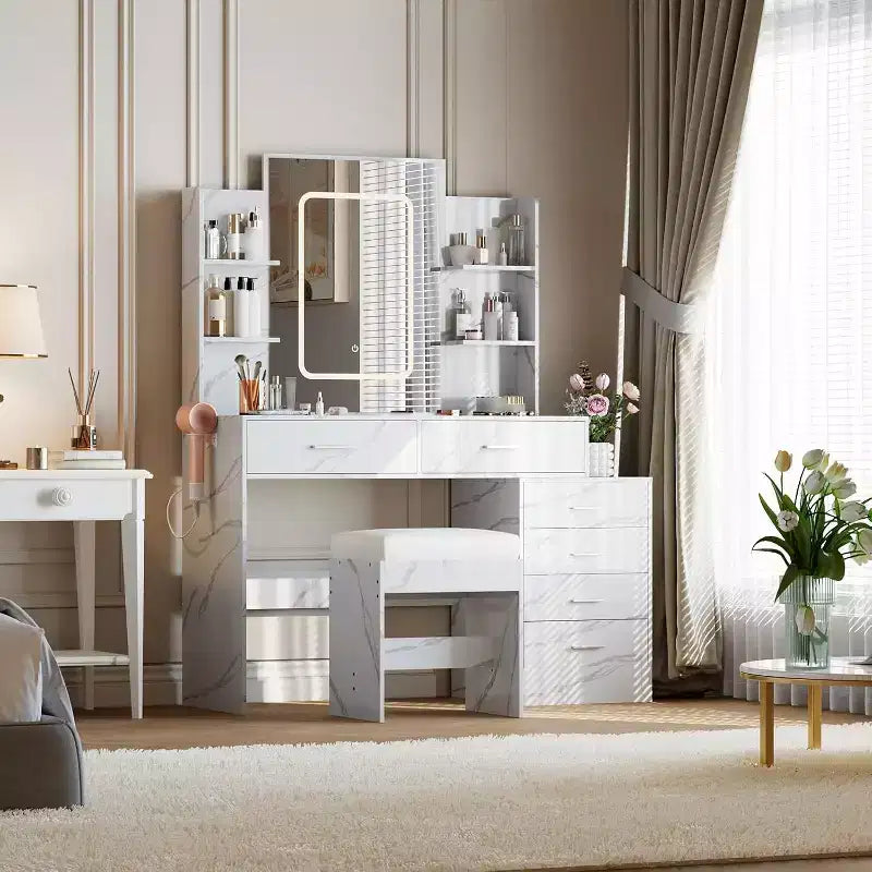 Makeup Vanity Desk with Lighted Mirror, Charging Station, Padded Stool, Hair Dryer Rack, 3 Lighting Modes Adjustable Dressing Table for Bedroom