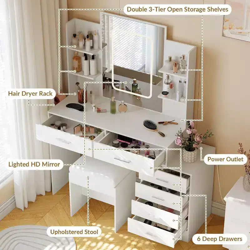 Makeup Vanity Desk with Lighted Mirror, Charging Station, Padded Stool, Hair Dryer Rack, 3 Lighting Modes Adjustable Dressing Table for Bedroom