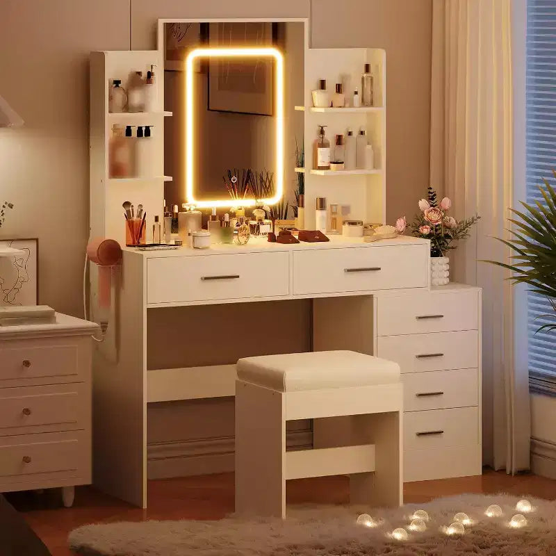 Makeup Vanity Desk with Lighted Mirror, Charging Station, Padded Stool, Hair Dryer Rack, 3 Lighting Modes Adjustable Dressing Table for Bedroom