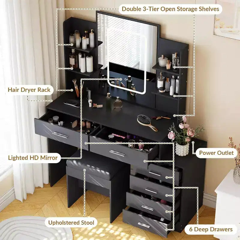 Makeup Vanity Desk with Lighted Mirror, Charging Station, Padded Stool, Hair Dryer Rack, 3 Lighting Modes Adjustable Dressing Table for Bedroom