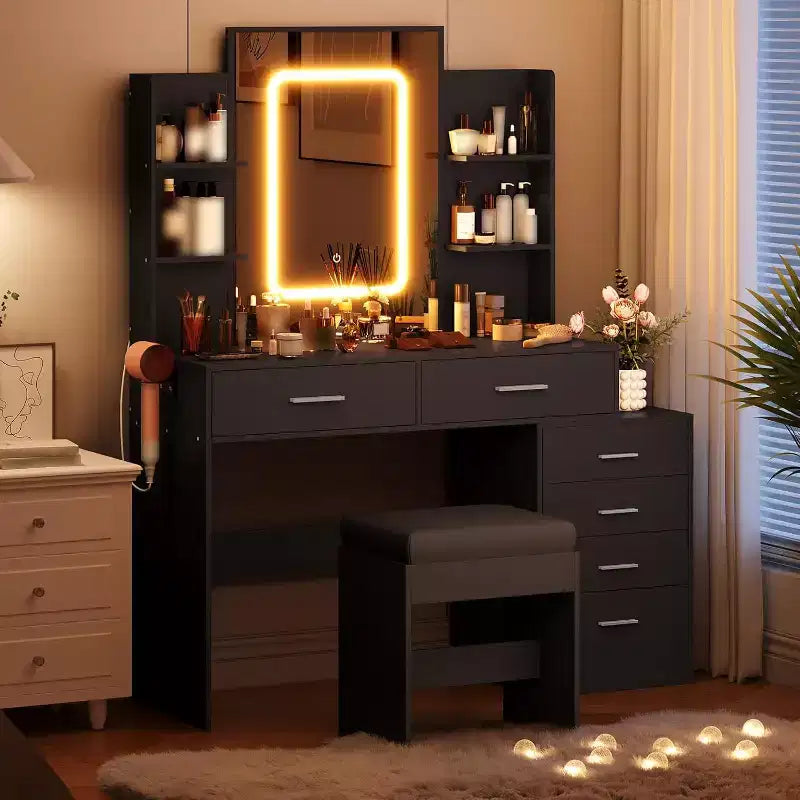 Makeup Vanity Desk with Lighted Mirror, Charging Station, Padded Stool, Hair Dryer Rack, 3 Lighting Modes Adjustable Dressing Table for Bedroom