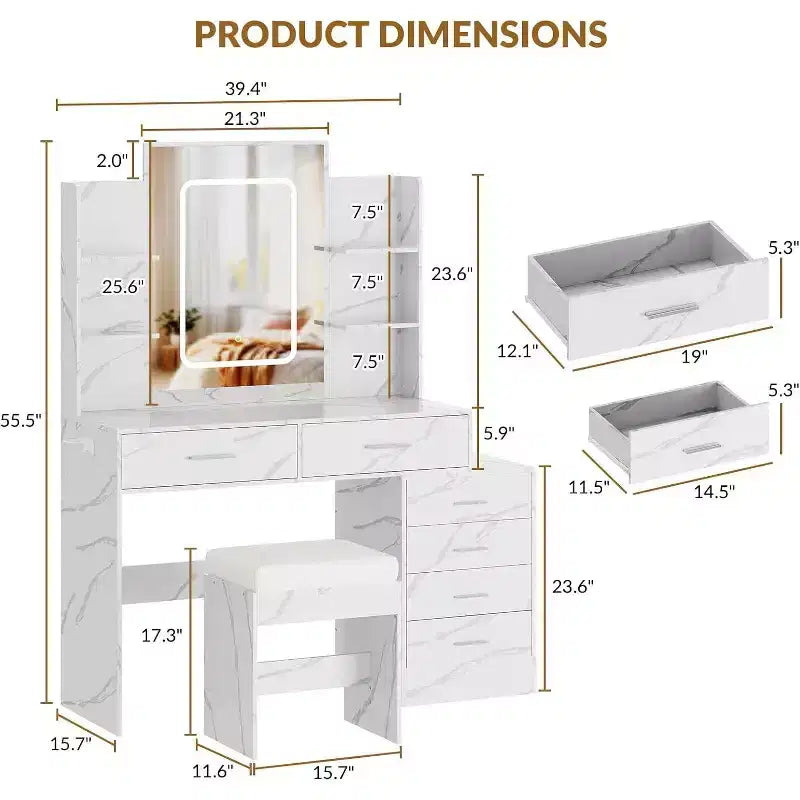 Makeup Vanity Desk with Lighted Mirror, Charging Station, Padded Stool, Hair Dryer Rack, 3 Lighting Modes Adjustable Dressing Table for Bedroom