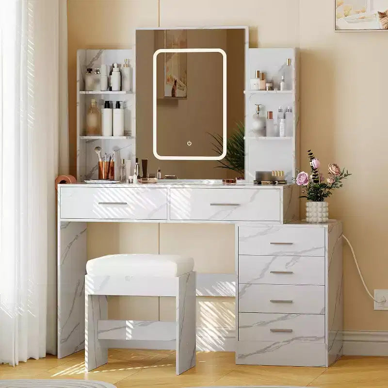 Makeup Vanity Desk with Lighted Mirror, Charging Station, Padded Stool, Hair Dryer Rack, 3 Lighting Modes Adjustable Dressing Table for Bedroom