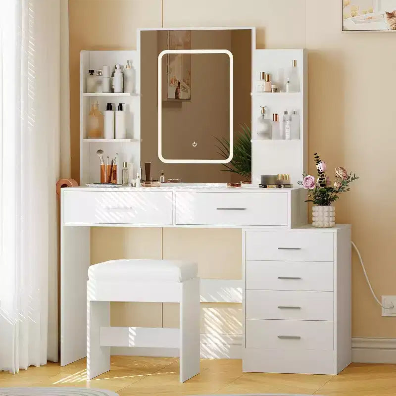 Makeup Vanity Desk with Lighted Mirror, Charging Station, Padded Stool, Hair Dryer Rack, 3 Lighting Modes Adjustable Dressing Table for Bedroom