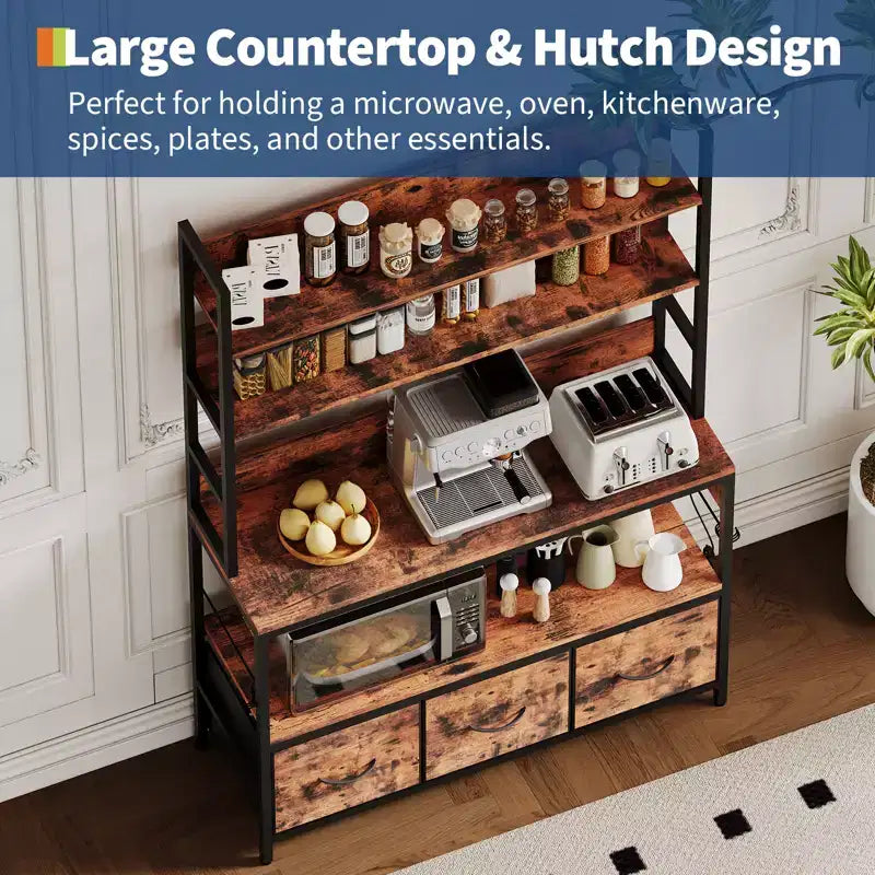 CuisinSmart 5 Tier Free Standing Baker Rack with Power Outlet, Kitchen Bakers Rack with 3 Drawers + Hooks, for Oven Bread Maker Juicer Storage