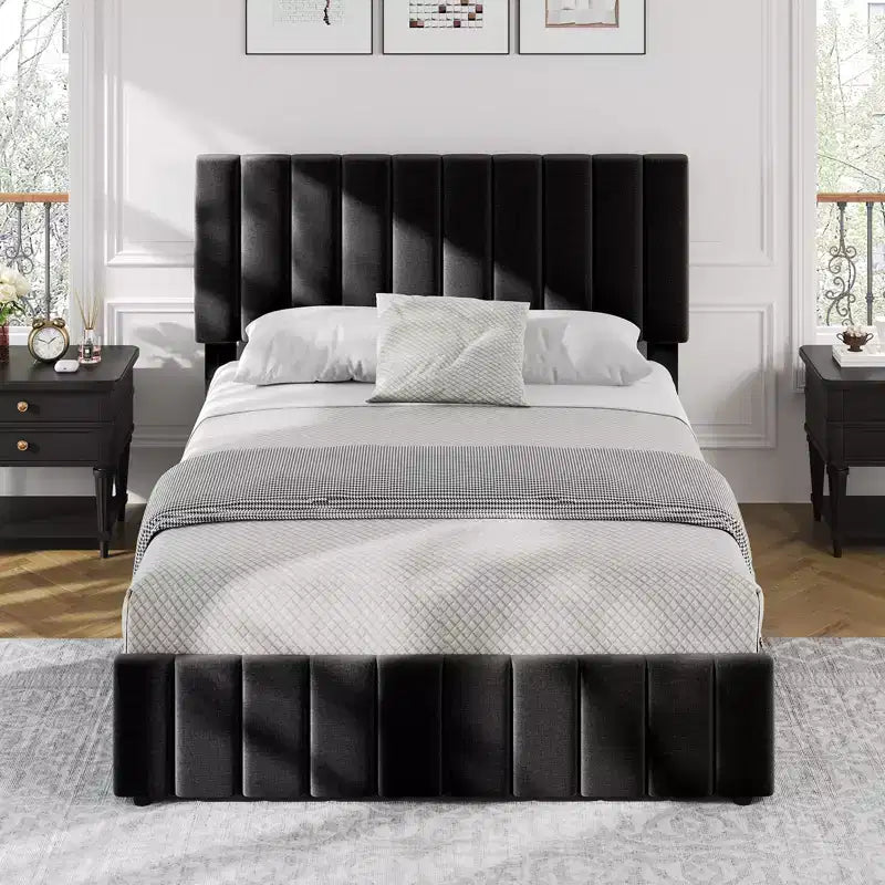 Queen Bed Frame Storage Bed - Linen Upholstered Platform with 4 Drawers, Adjustable Headboard & Wood Slat Support, No Box Spring Needed, Grey