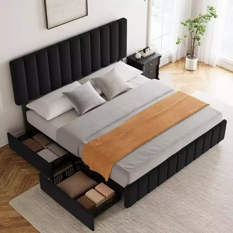 Queen Bed Frame Storage Bed - Linen Upholstered Platform with 4 Drawers, Adjustable Headboard & Wood Slat Support, No Box Spring Needed, Grey