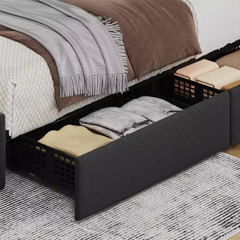Queen Bed Frame Storage Bed - Linen Upholstered Platform with 4 Drawers, Adjustable Headboard & Wood Slat Support, No Box Spring Needed, Grey