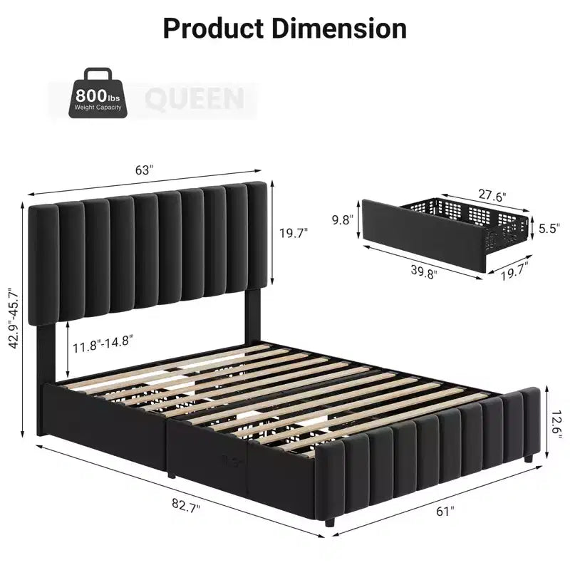 Queen Bed Frame Storage Bed - Linen Upholstered Platform with 4 Drawers, Adjustable Headboard & Wood Slat Support, No Box Spring Needed, Grey