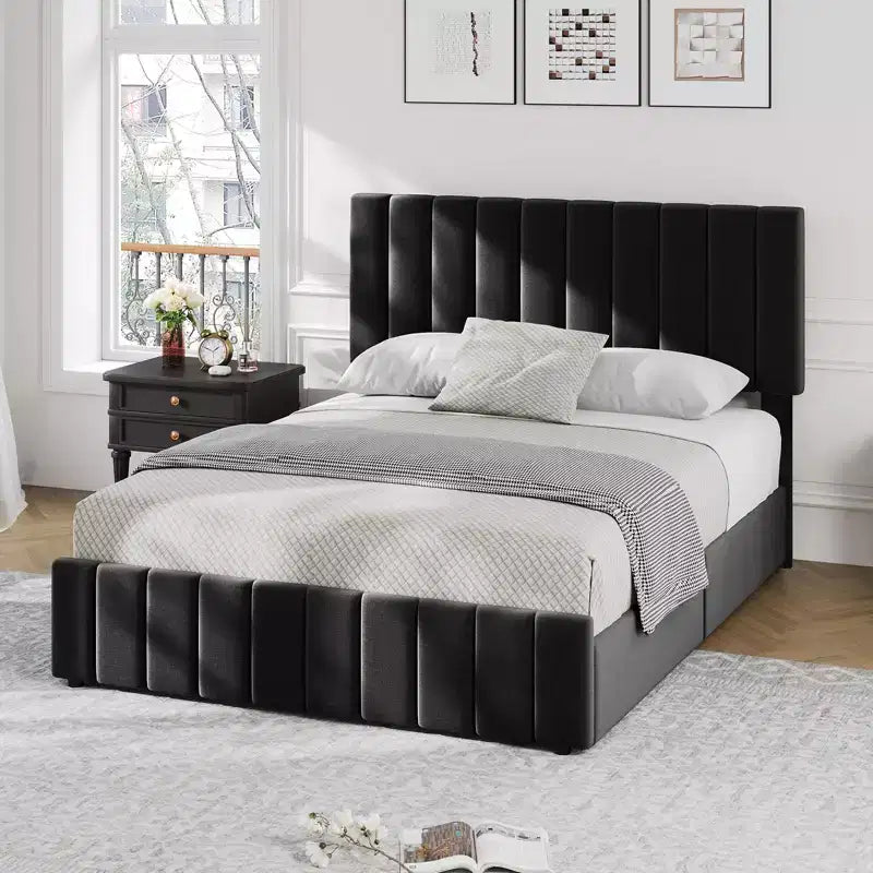 Queen Bed Frame Storage Bed - Linen Upholstered Platform with 4 Drawers, Adjustable Headboard & Wood Slat Support, No Box Spring Needed, Grey