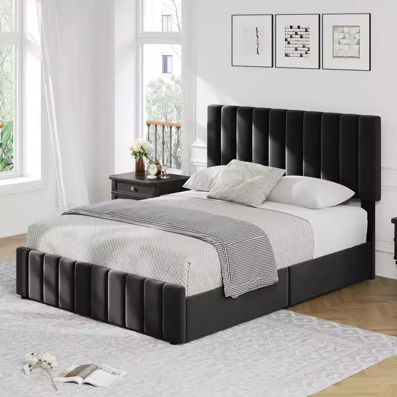 Queen Bed Frame Storage Bed - Linen Upholstered Platform with 4 Drawers, Adjustable Headboard & Wood Slat Support, No Box Spring Needed, Grey