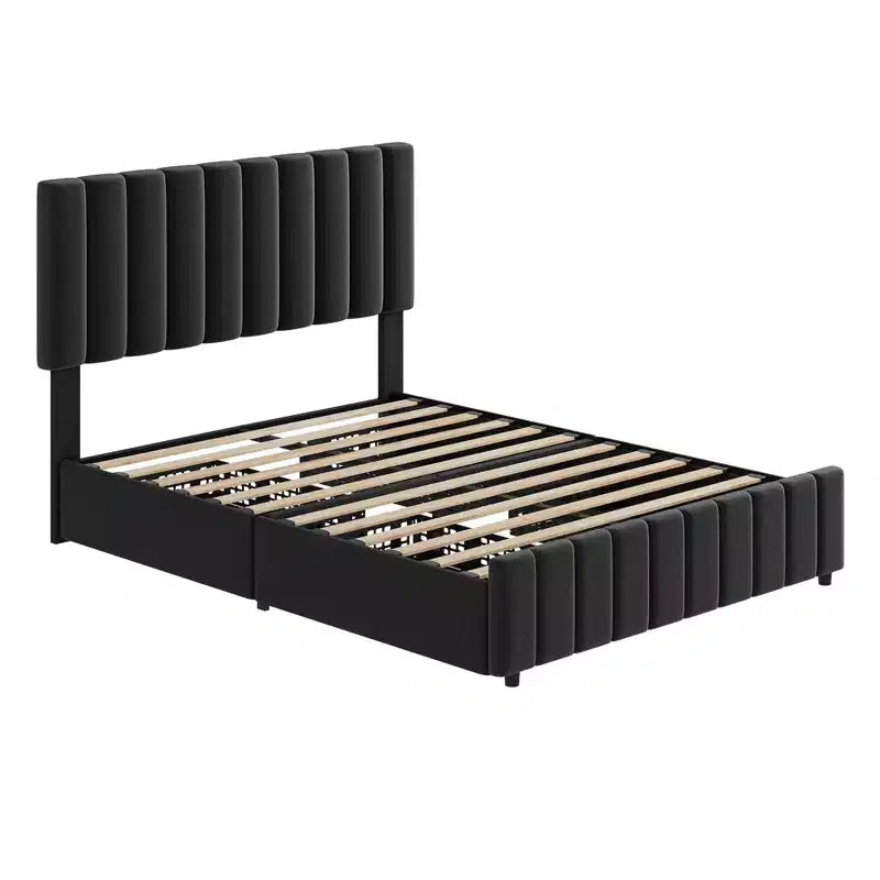 Queen Bed Frame Storage Bed - Linen Upholstered Platform with 4 Drawers, Adjustable Headboard & Wood Slat Support, No Box Spring Needed, Grey