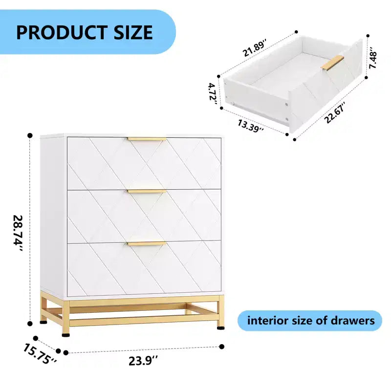 28.7 H 3-Drawer Dresser for Bedroom & Closet Slim Tall Chest with Soft-Close Glides Anti-Tip Kit