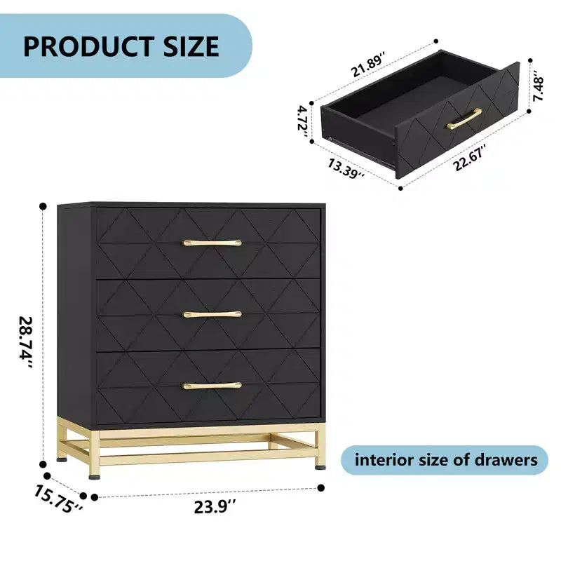 28.7 H 3-Drawer Dresser for Bedroom & Closet Slim Tall Chest with Soft-Close Glides Anti-Tip Kit