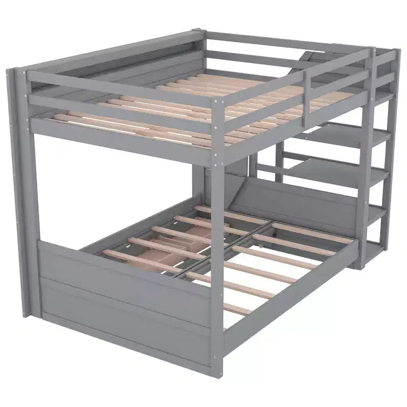Full over Full Bunk Bed with Drawers and Staircase for Storage, Wood Full Convertible Bunk Bed with Bedside Table for Kids Teens