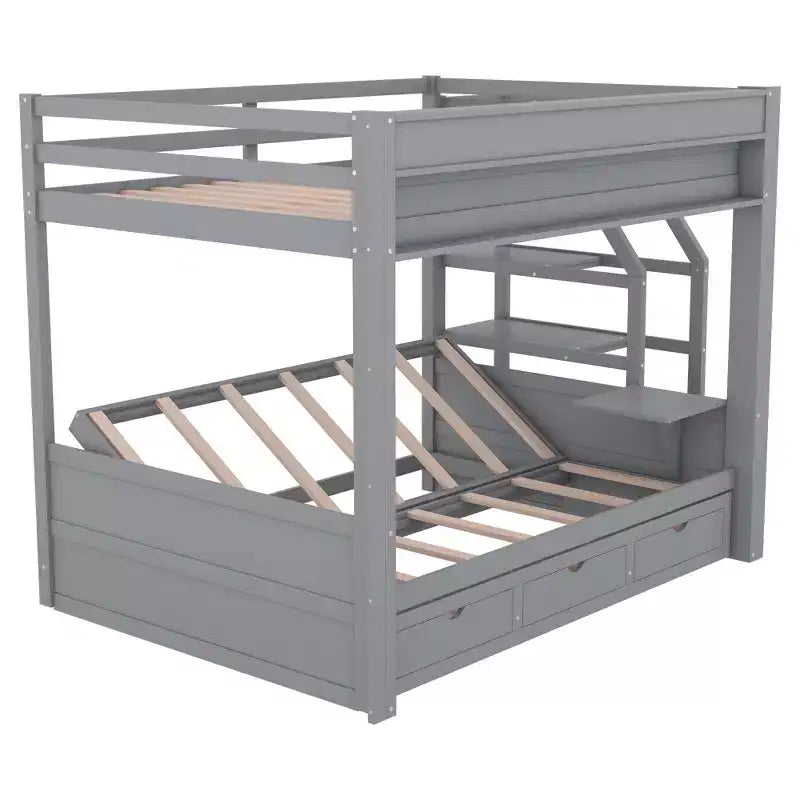 Full over Full Bunk Bed with Drawers and Staircase for Storage, Wood Full Convertible Bunk Bed with Bedside Table for Kids Teens