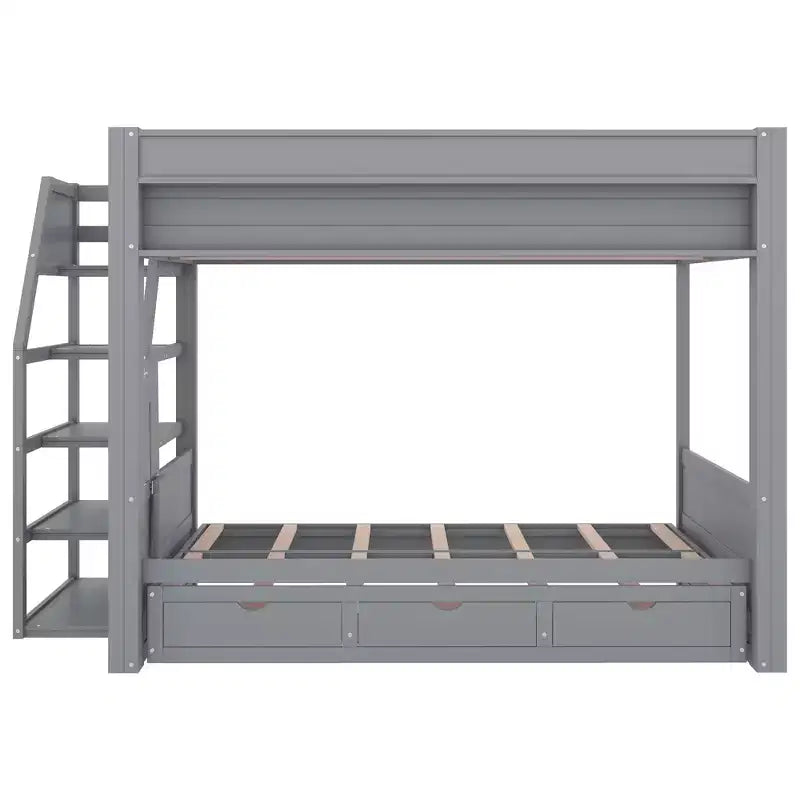 Full over Full Bunk Bed with Drawers and Staircase for Storage, Wood Full Convertible Bunk Bed with Bedside Table for Kids Teens