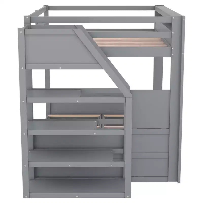 Full over Full Bunk Bed with Drawers and Staircase for Storage, Wood Full Convertible Bunk Bed with Bedside Table for Kids Teens