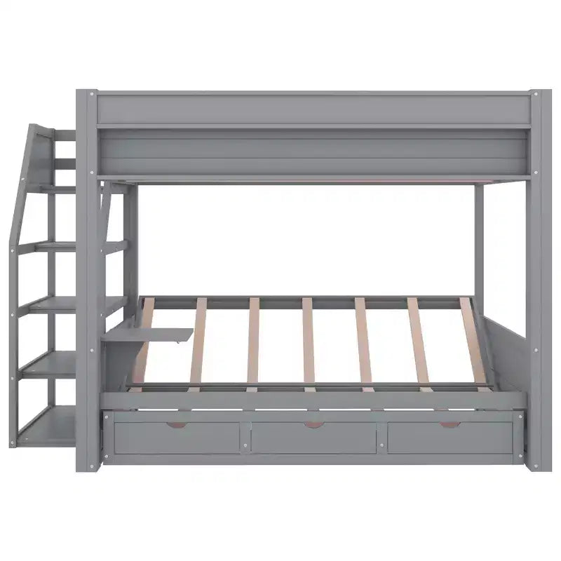 Full over Full Bunk Bed with Drawers and Staircase for Storage, Wood Full Convertible Bunk Bed with Bedside Table for Kids Teens