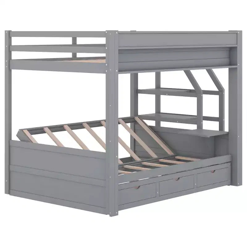 Full over Full Bunk Bed with Drawers and Staircase for Storage, Wood Full Convertible Bunk Bed with Bedside Table for Kids Teens