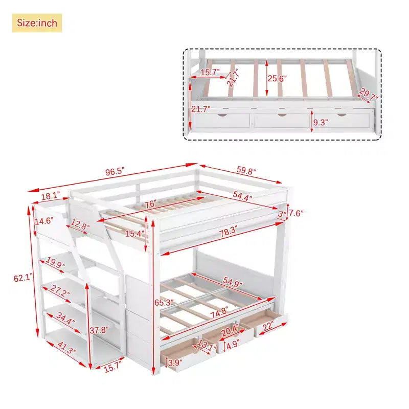 Full over Full Bunk Bed with Drawers and Staircase for Storage, Wood Full Convertible Bunk Bed with Bedside Table for Kids Teens