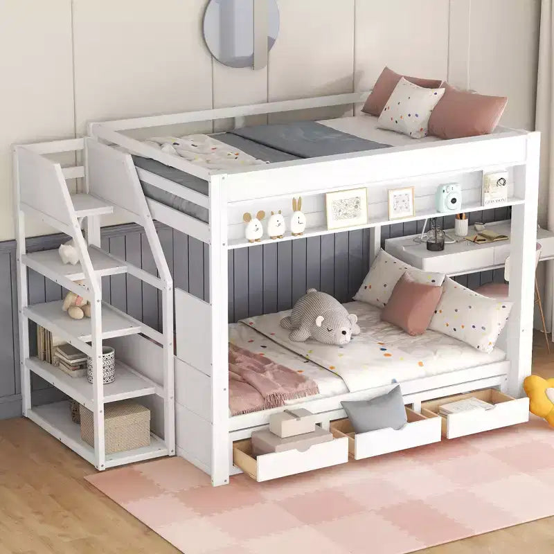 Full over Full Bunk Bed with Drawers and Staircase for Storage, Wood Full Convertible Bunk Bed with Bedside Table for Kids Teens