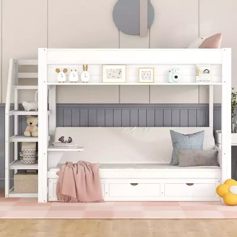 Full over Full Bunk Bed with Drawers and Staircase for Storage, Wood Full Convertible Bunk Bed with Bedside Table for Kids Teens