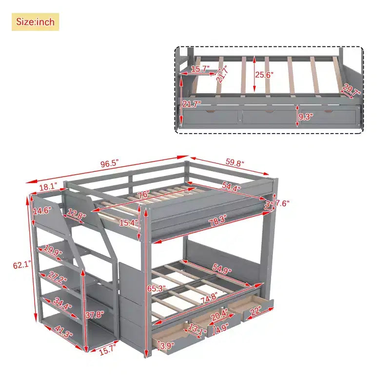 Full over Full Bunk Bed with Drawers and Staircase for Storage, Wood Full Convertible Bunk Bed with Bedside Table for Kids Teens