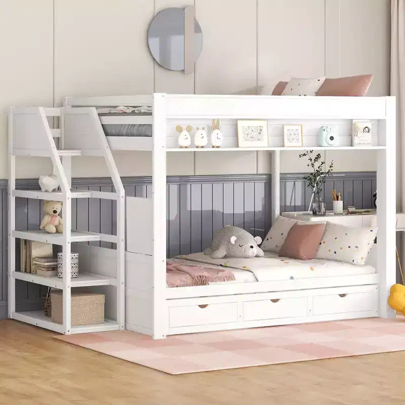 Full over Full Bunk Bed with Drawers and Staircase for Storage, Wood Full Convertible Bunk Bed with Bedside Table for Kids Teens