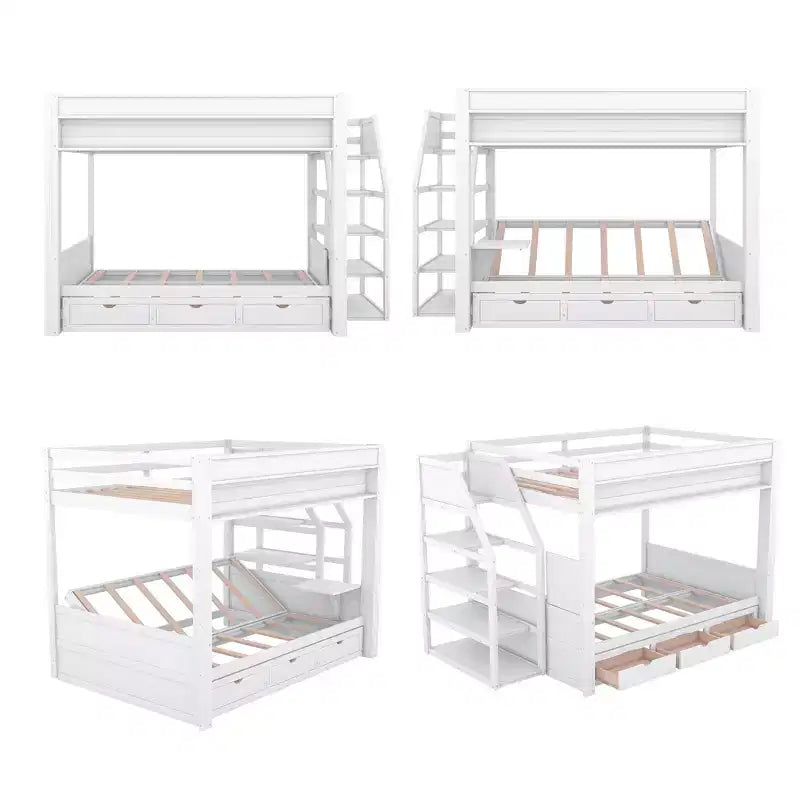 Full over Full Bunk Bed with Drawers and Staircase for Storage, Wood Full Convertible Bunk Bed with Bedside Table for Kids Teens