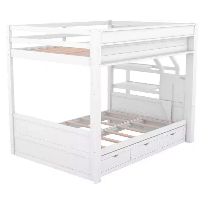 Full over Full Bunk Bed with Drawers and Staircase for Storage, Wood Full Convertible Bunk Bed with Bedside Table for Kids Teens
