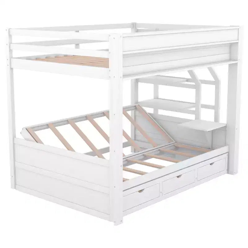 Full over Full Bunk Bed with Drawers and Staircase for Storage, Wood Full Convertible Bunk Bed with Bedside Table for Kids Teens