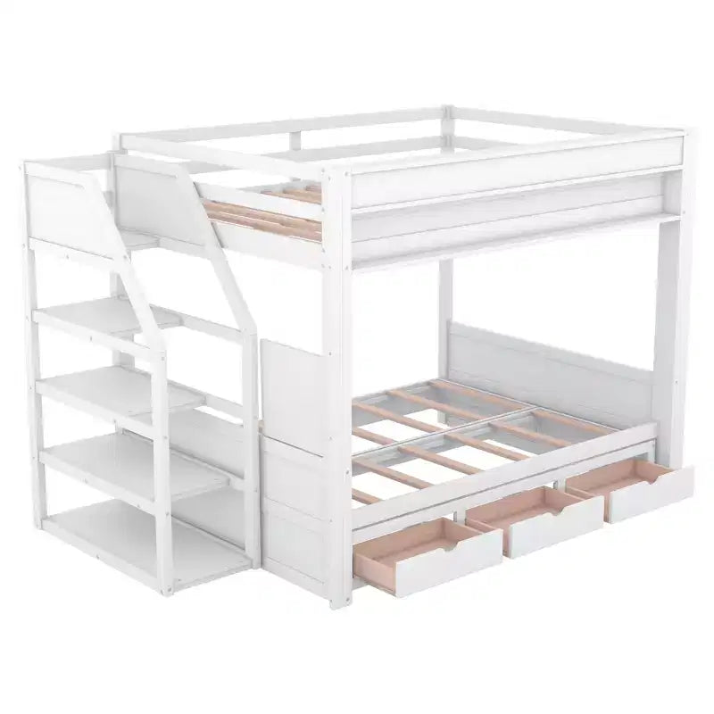 Full over Full Bunk Bed with Drawers and Staircase for Storage, Wood Full Convertible Bunk Bed with Bedside Table for Kids Teens