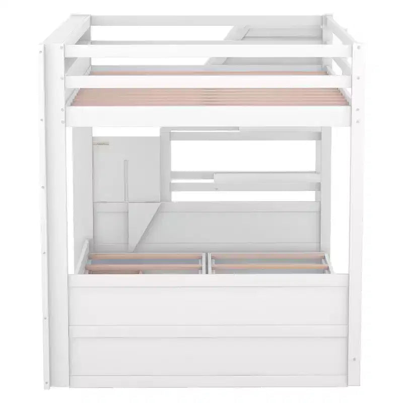 Full over Full Bunk Bed with Drawers and Staircase for Storage, Wood Full Convertible Bunk Bed with Bedside Table for Kids Teens