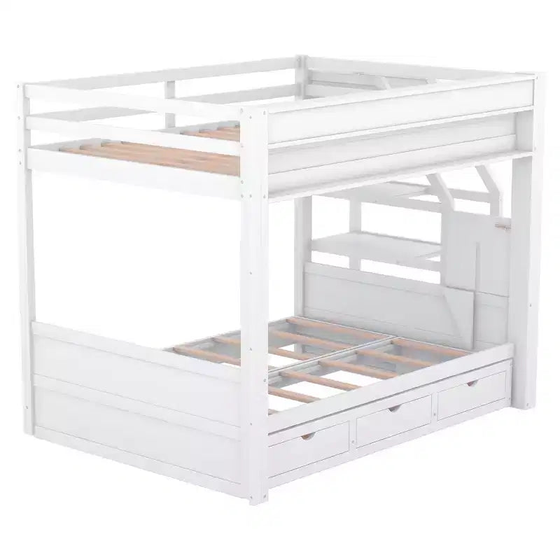 Full over Full Bunk Bed with Drawers and Staircase for Storage, Wood Full Convertible Bunk Bed with Bedside Table for Kids Teens