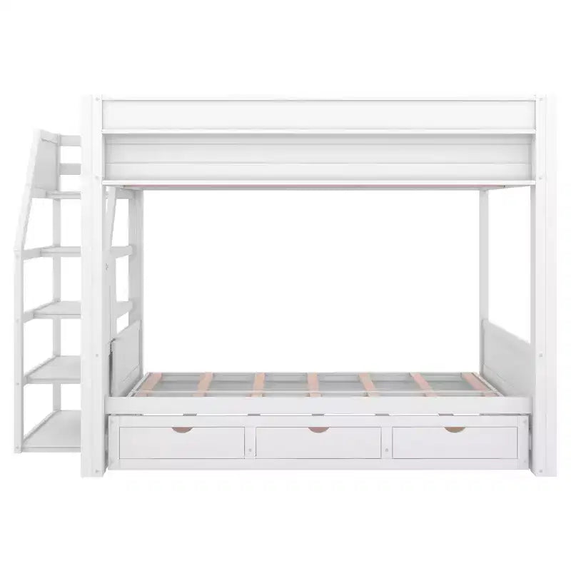 Full over Full Bunk Bed with Drawers and Staircase for Storage, Wood Full Convertible Bunk Bed with Bedside Table for Kids Teens