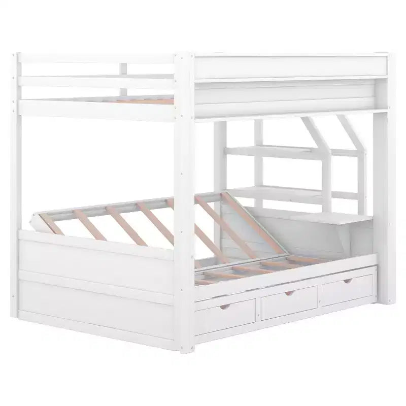 Full over Full Bunk Bed with Drawers and Staircase for Storage, Wood Full Convertible Bunk Bed with Bedside Table for Kids Teens