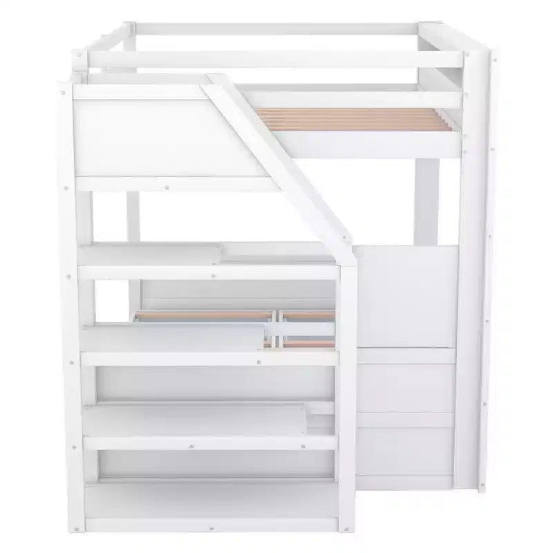 Full over Full Bunk Bed with Drawers and Staircase for Storage, Wood Full Convertible Bunk Bed with Bedside Table for Kids Teens
