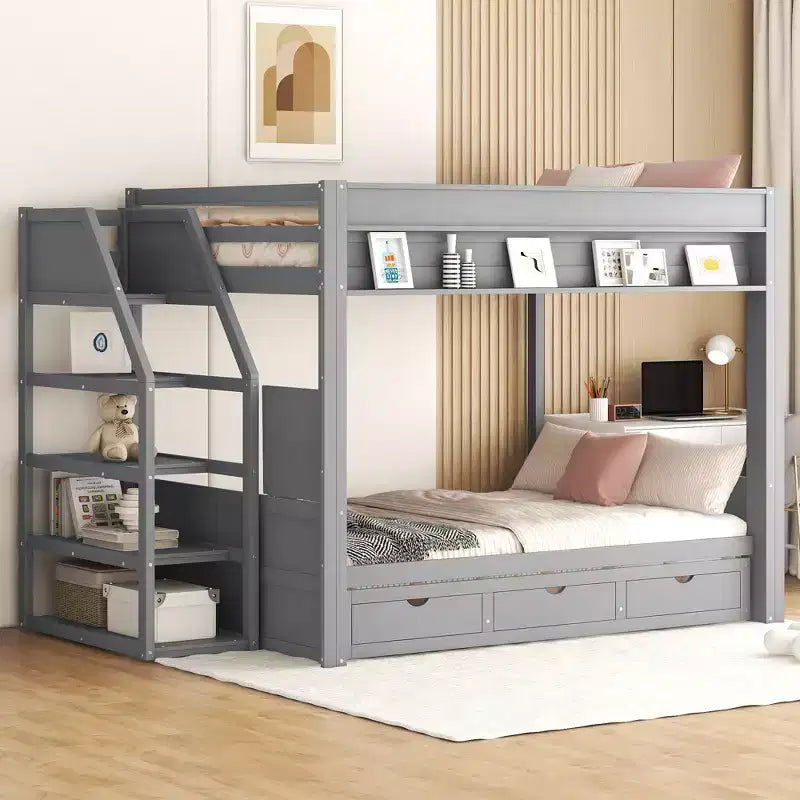 Full over Full Bunk Bed with Drawers and Staircase for Storage, Wood Full Convertible Bunk Bed with Bedside Table for Kids Teens
