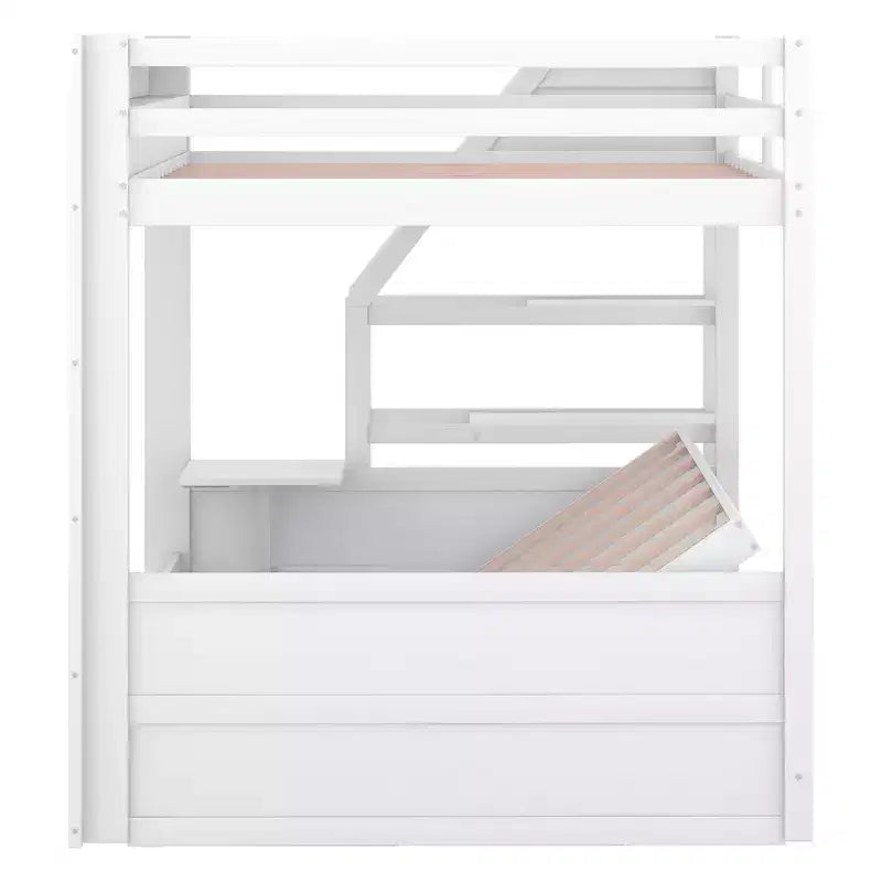 Full over Full Bunk Bed with Drawers and Staircase for Storage, Wood Full Convertible Bunk Bed with Bedside Table for Kids Teens