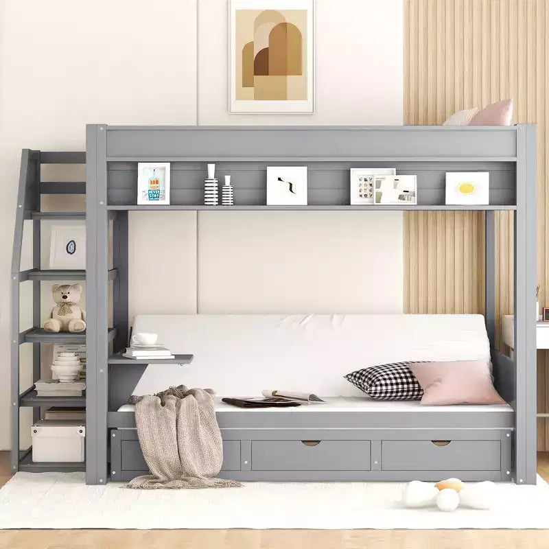 Full over Full Bunk Bed with Drawers and Staircase for Storage, Wood Full Convertible Bunk Bed with Bedside Table for Kids Teens
